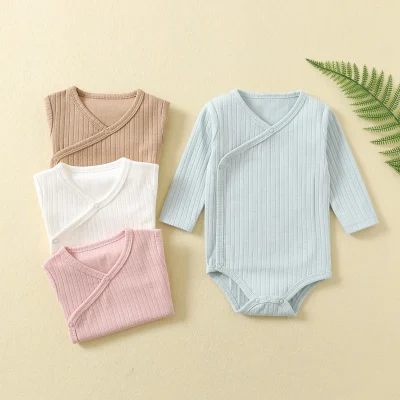 Custom Ribbed Bamboo  Jacquard Weave Cotton Romper Pajamas Newborn Infant Rib Bodysuit Ribbed Baby Onesie Plain