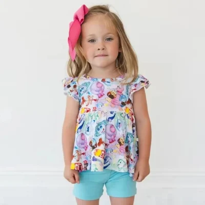 Factory Customize Girl Bamboo Peplum Top Biker Shorts Set Bamboo Custom Twirl Dress Two Pieces Set for Toddler Girl Outfit