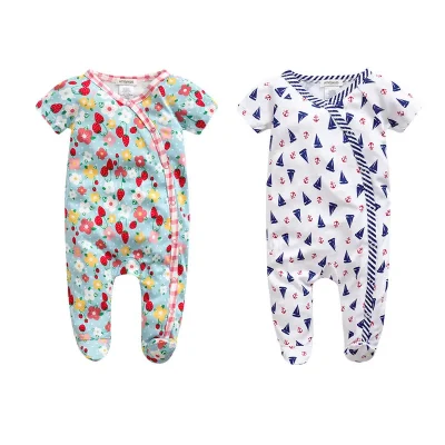 New Style Toddler Girl Bamboo Baby Short Sleeve Romper Footie Ruffled Baby Sleepsuit Soft Onesie Contrast Binding OEKO-TEX