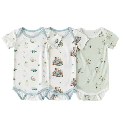 Customizable Bamboo Romper for Newborns Summer Short Sleeve Pajamas Cute Printed Infant Jumpsuit ODM Knitted Baby Clothing