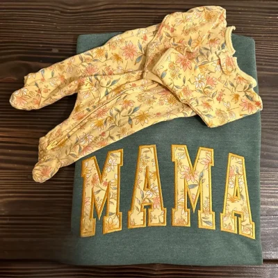 Custom MAMA Embroidered Bamboo French Terry Sweatshirt Applique Adults Plus Size Tracksuits to Match Baby Bamboo Romper Pajamas