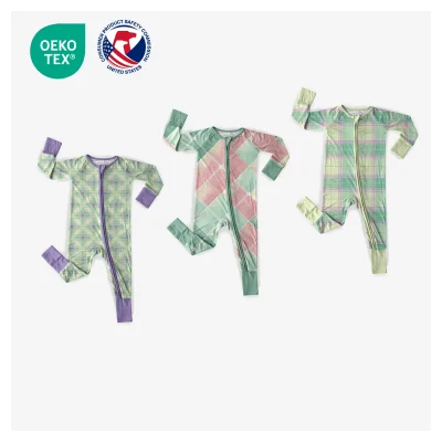 OEM ODM Custom Oeko-tex Organic Bamboo Long Sleeve Romper Children Kids Zippy Pajamas Bamboo Onesie for Toddler Newborn Plaid
