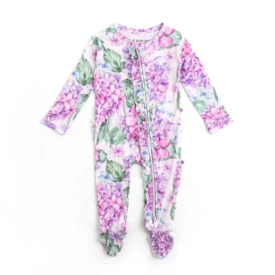 Customized Design Hydrangea  Bamboo Ruffle Footed Sleeper and Play Bamboo Baby Romper Toddler Clothes  Boutique Bamboo Pajamas