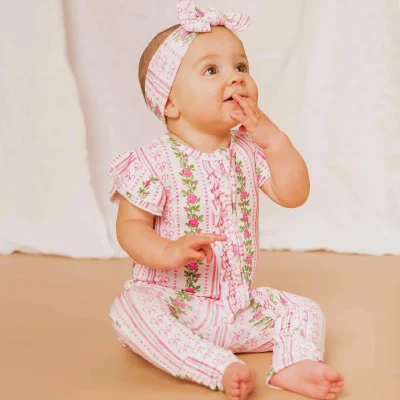 Factory Customize Bamboo Baby Onesie Jumpsuit Ruffle Custom Printed Bamboo Romper Bow Hairband Set for New Born Toddler