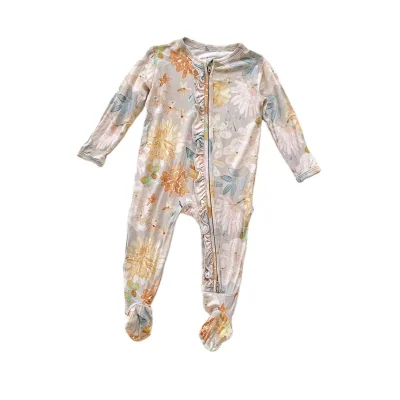 Custom High Quality 95% Bamboo Fiber 5% Spandex Knitted Sleep Suit for Boys Zipper Romper with Printed Zipper