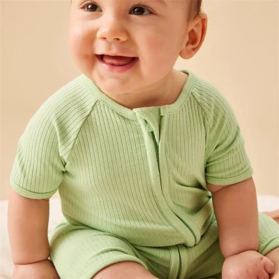 Baby Zip up Ribbed Bamboo Romper Infant Footed Jumpsuit With Two Way Zipper Breathable Elastic Bamboo Custom Design Nightwear