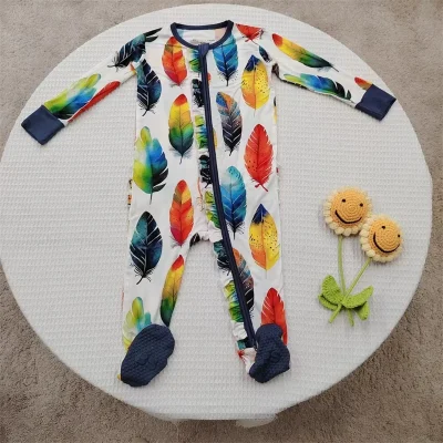 Custom  OEKO-TEX 95% Bamboo Spandex Baby Kid Ruffle Double Zipper Romper Active Digital Print Pajamas Girls Sleepwear Sleepers