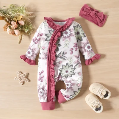 Custom Bamboo and Organic Cotton  Modal Ruffle Long Sleeve Clothes  Baby Romper Jumpsuit With Hair Hoop Onesies
