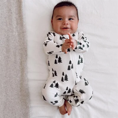 Custom Bamboo Zipper Romper for Newborn Baby Waffle Printed Infant Footie Pajamas with Ribbed Casual Style Private Logo Label