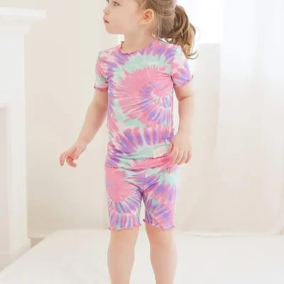 Customize Infant Toddler Kids Junior Soft Bamboo Pajamas Tie Dye Short Summer Pjs 2pcs Set 6M-12Y for Girls Clothes