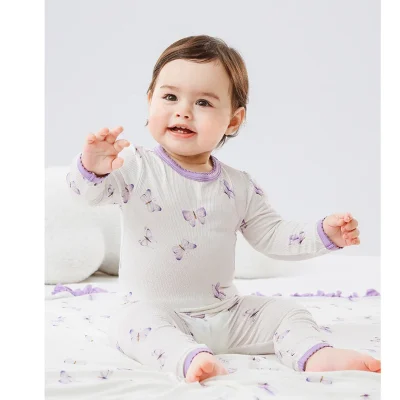 Boutique Baby Ribbed Bamboo Two Pieces Pajamas Set Infant Loungewear Clothes Set Long Sleeve Tops and Pants Active Digital Print