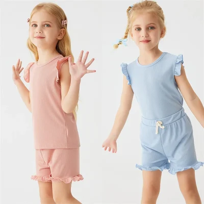 High Quality Kids Girls Summer Bamboo Ruffle T-shirt and Shorts Sets Baby Girls Ruffle Short Pants Custom Print Logo OEKO-TEX