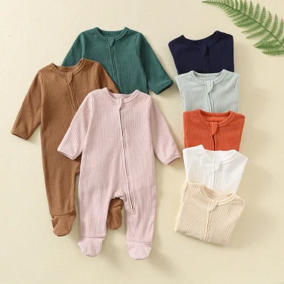Custom Baby Bamboo Clothes  4*1 Ribbed  Bodysuits Breathable Knitted Casual Zipper Short Long Sleeve One-Pieces for Boy