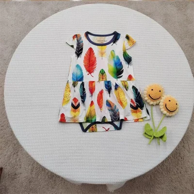 Custom Reactive Digital Print Infant Girl Ruffle Twirl Dress Bamboo Flower Clothes for 1-Year-Old Baby Girls in Summer