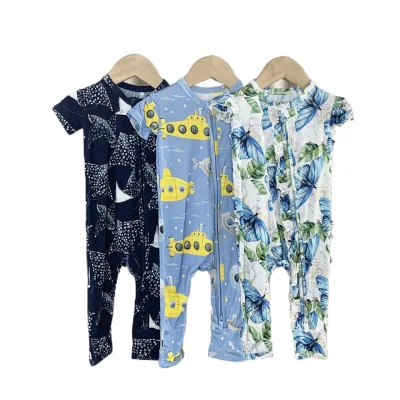 Custom ECO Friendly  Design Zip Baby Bamboo Spandex Romper Open Butt Kids Clothes Ruffle Frill Onesie CPC  Certificated
