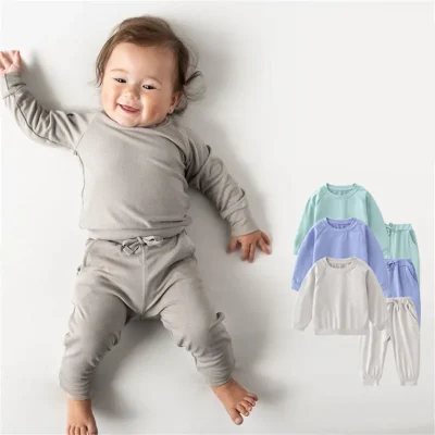 French Terry 95% Bamboo Spandex Baby Sweatshirt Set  Hoodie and Pants 2 Pcs Blank Baby Crewneck Sweatshirt