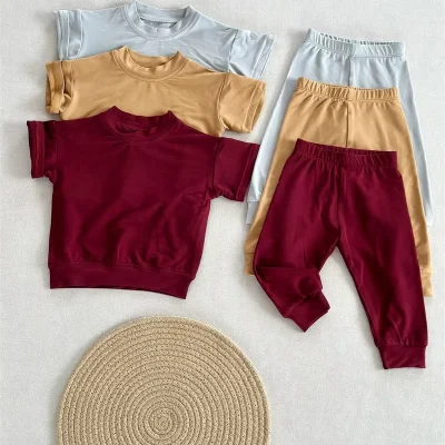 Wholesale Kids Bamboo Hoodie Set Toddler Short Sleeve Sweatshirt and Long Pants Little Boys Clothes Tracksuits Private Label